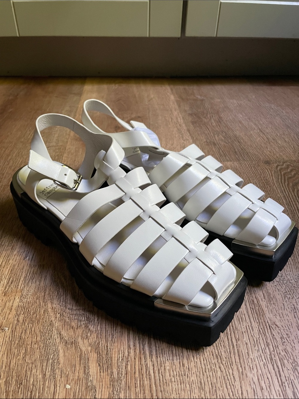 Jeffrey Campbell White Woven Leather Sandal with Chunky Black Sole